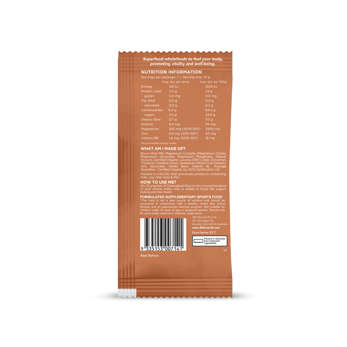 Caramelised Biscuit Magnesium Complex Powder 3x 10g Sample pack nutrition information panel