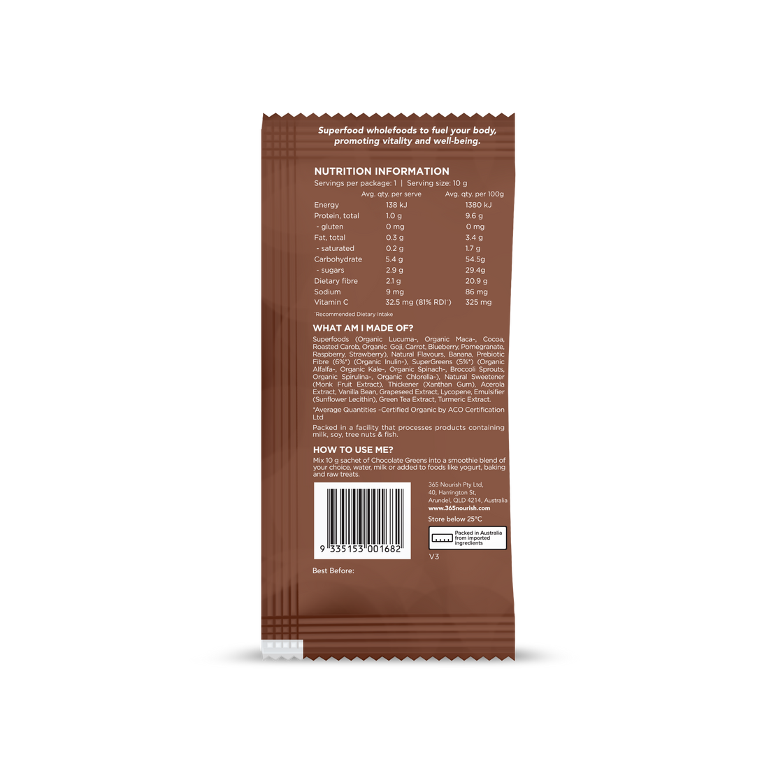 Chocolate Greens Superfood Powder 3x 10g Sample pack nutrition information panel