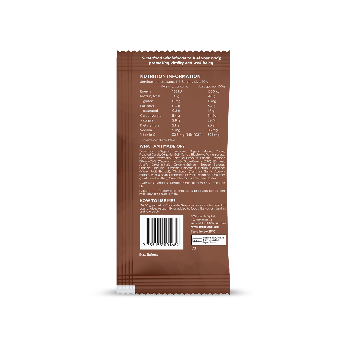 Chocolate Greens Superfood Powder 3x 10g Sample pack nutrition information panel