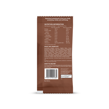 Chocolate Greens Superfood Powder 3x 10g Sample pack nutrition information panel