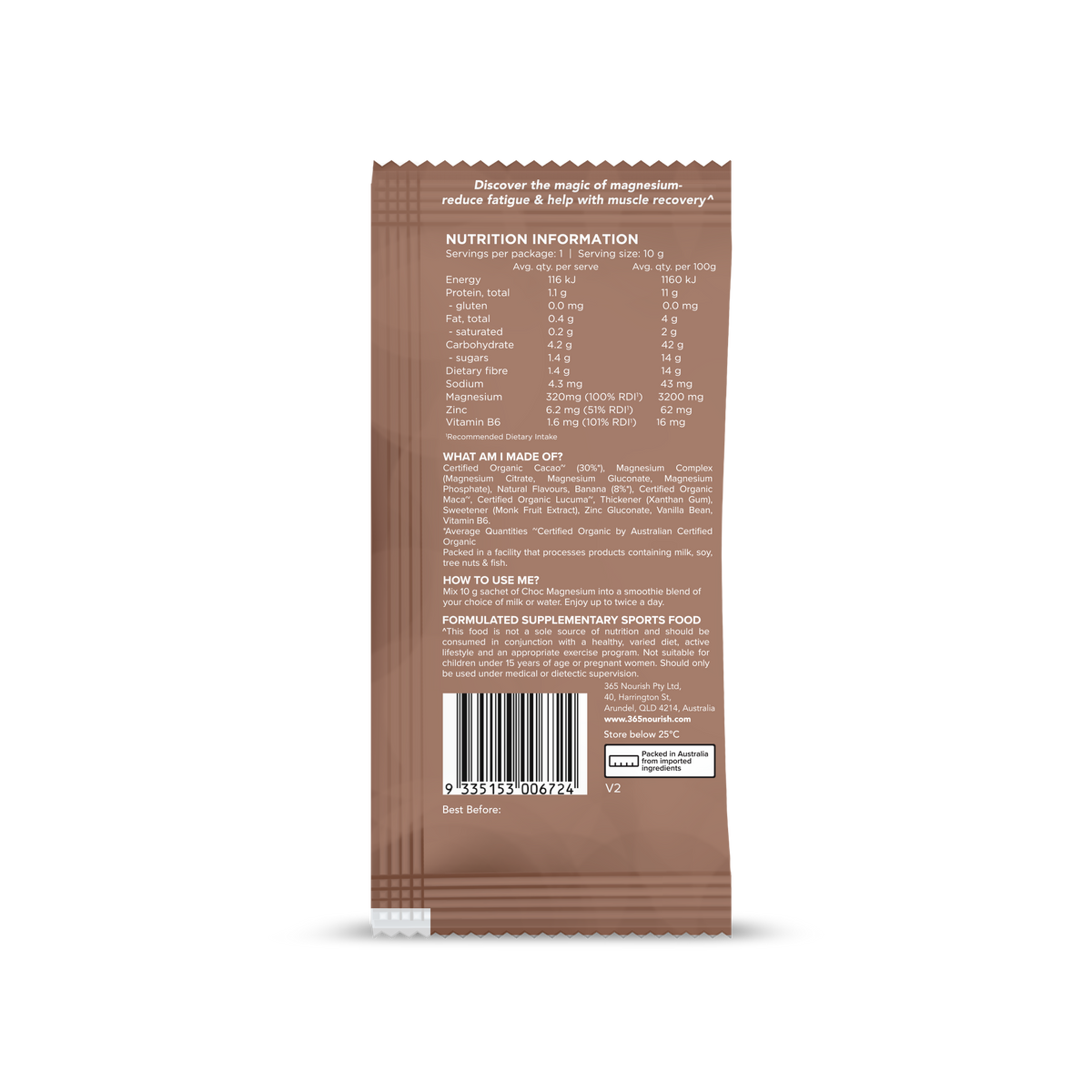 Chocolate Magnesium Complex Powder 3x 10g Sample pack nutrition information panel