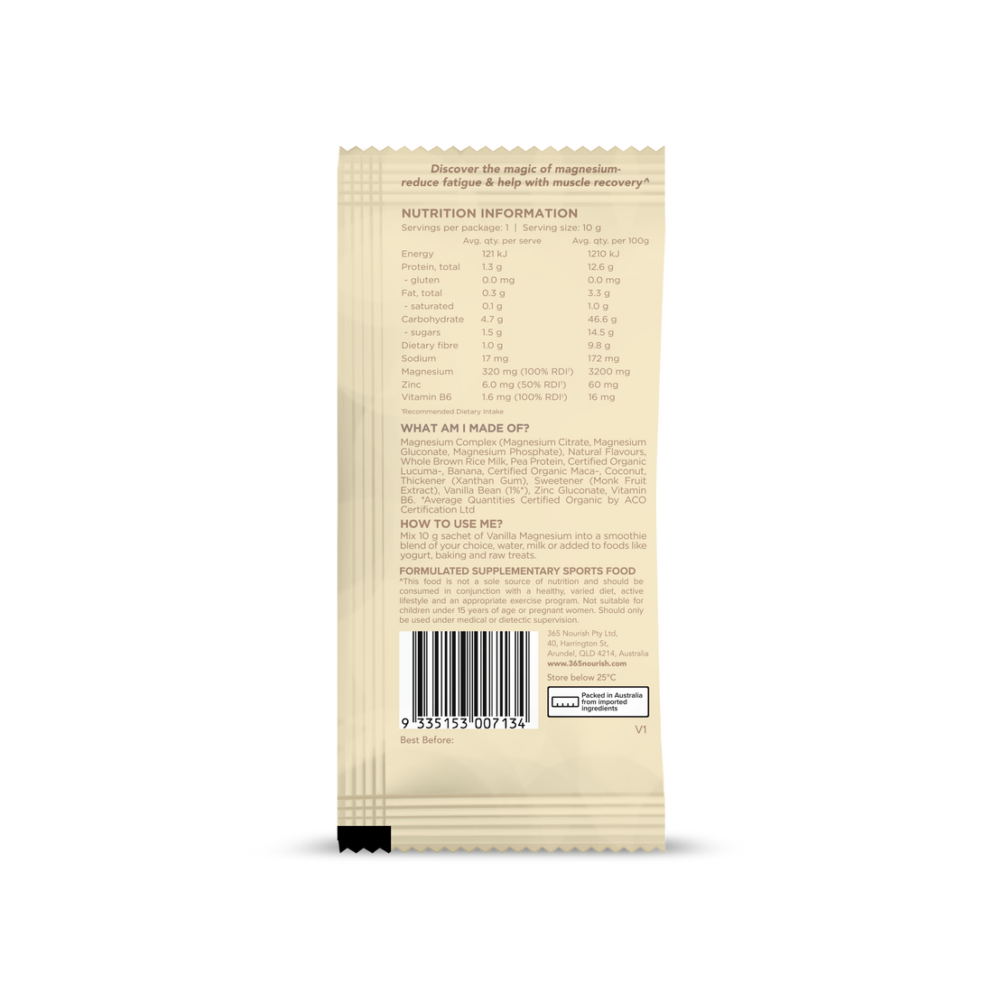 Vanilla Magnesium Complex Powder 3x 10g Sample pack nutrition information panel