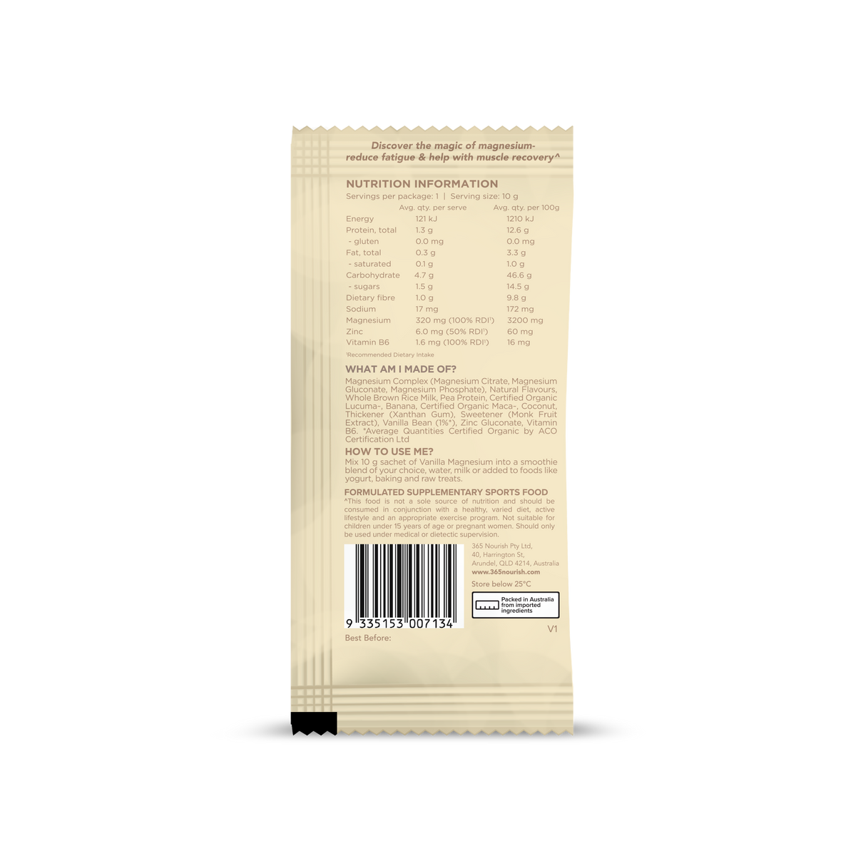 Vanilla Magnesium Complex Powder 3x 10g Sample pack nutrition information panel